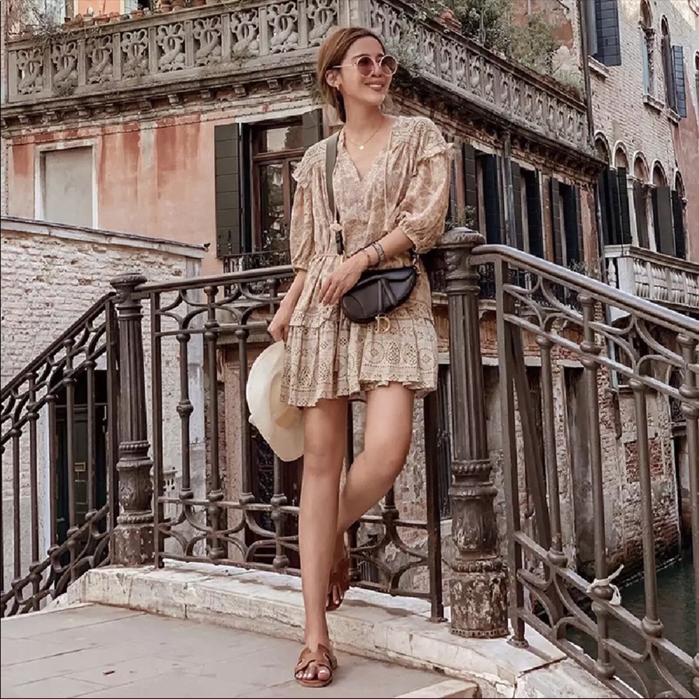 Boho 60’s Floral Gypsy Print Ruffle Dress Tan Nude - Picture 6 of 16